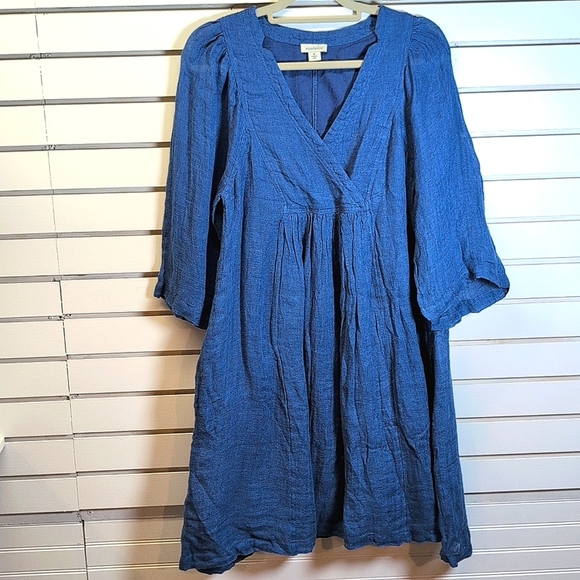 SUNDANCE La Belle Lune Blue Linen Gauzy Midi Dress Cross V-Neck Size Med EUC - Picture 2 of 8